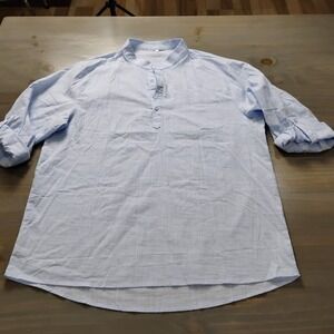 Men's Casual Shirt Size XL Light Blue Cotton Linen Pullover Lightweight Long Slv